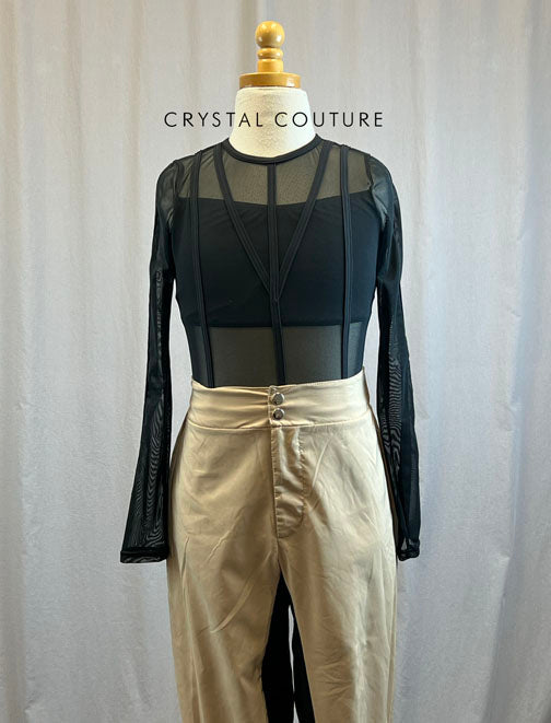 Black mesh leotard with black and khaki hip hop pant.