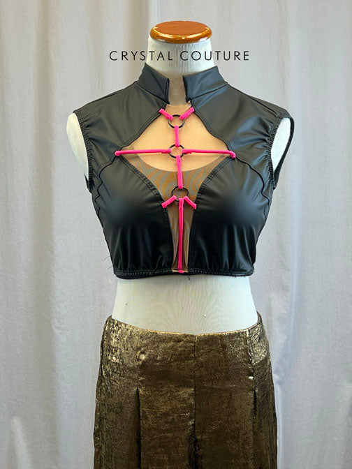 Black Pleather Crop Top with Metallic Gold Wide Leg Pants