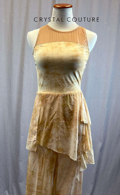 Ivory and Tan Marble Mesh Unitard with Attached Skirt