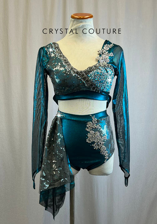 Custom Metallic Dark Teal and Gray Top and Attached Brief with Sequin Skirt -Rhinestones, Appliques