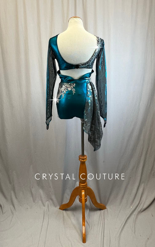 Custom Metallic Dark Teal and Gray Top and Attached Brief with Sequin Skirt -Rhinestones, Appliques