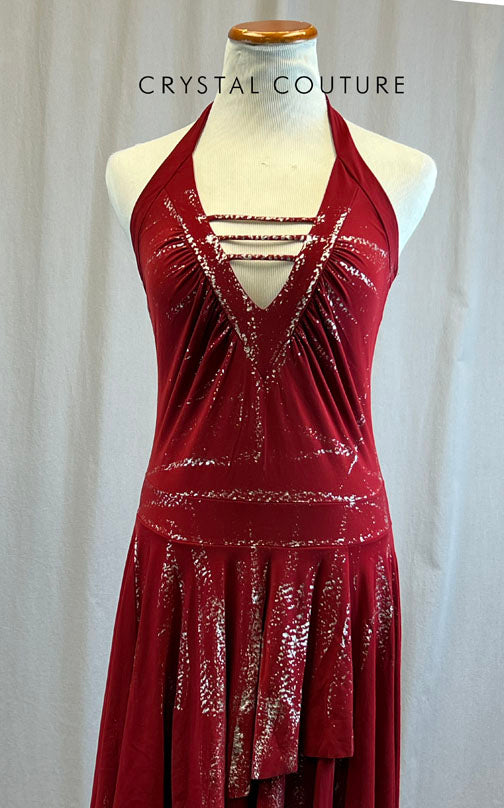 Dark Red Halter Neck Handkerchief Dress with Silver Splatter