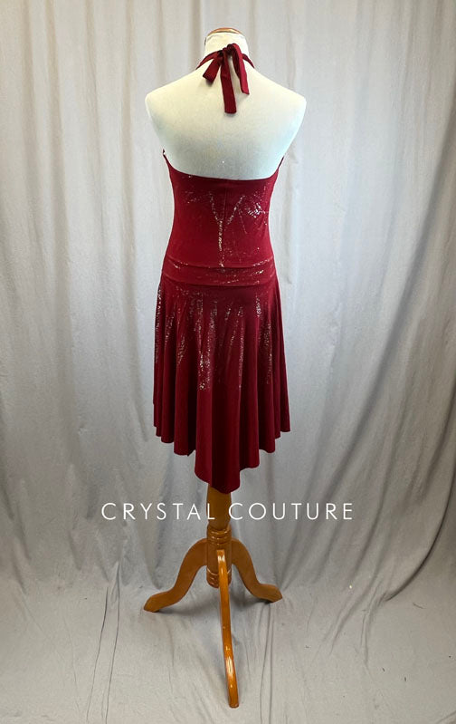 Dark Red Halter Neck Handkerchief Dress with Silver Splatter