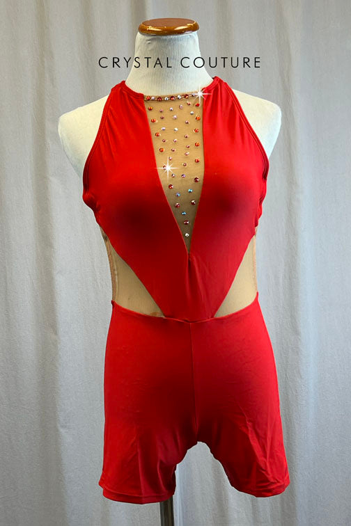 Red Criss Cross Strappy Back and Nude Mesh Biketard -Rhinestones
