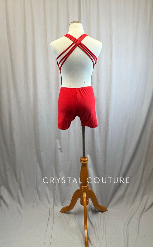 Red Criss Cross Strappy Back and Nude Mesh Biketard -Rhinestones
