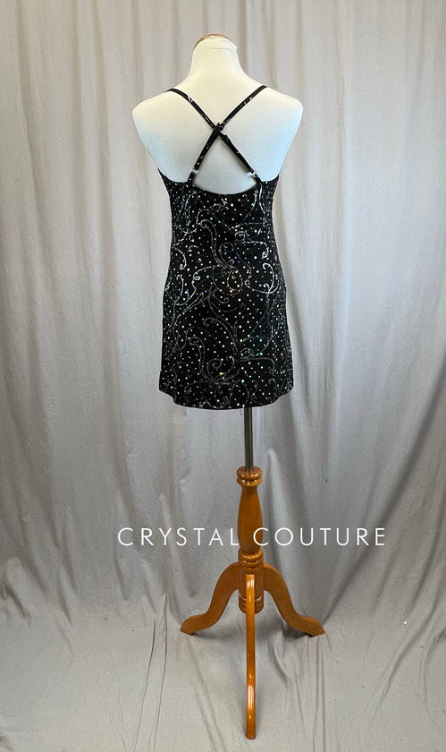 Black and Silver Glitter and Metallic Swirl Short Slit Dress -Rhinestones