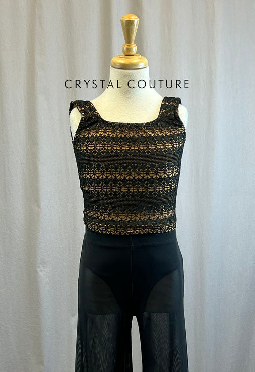 Custom Black and Nude Crop Top and Mesh Wide Leg Pant Set