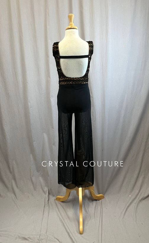 Custom Black and Nude Crop Top and Mesh Wide Leg Pant Set