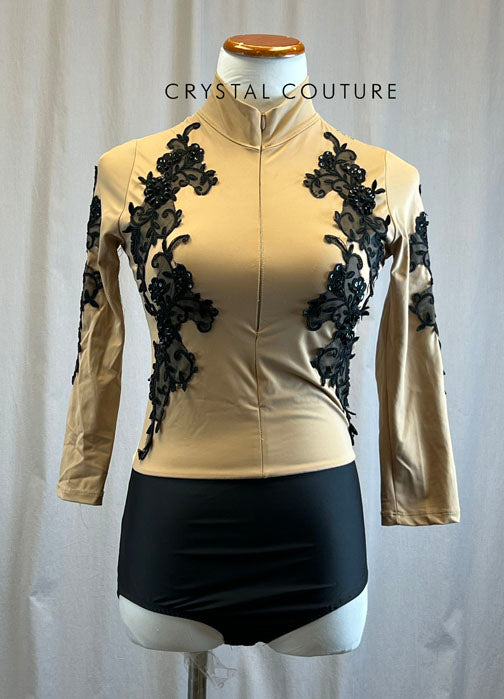 Custom Nude Mock Neck Front Zip Leotard with Black Appliques