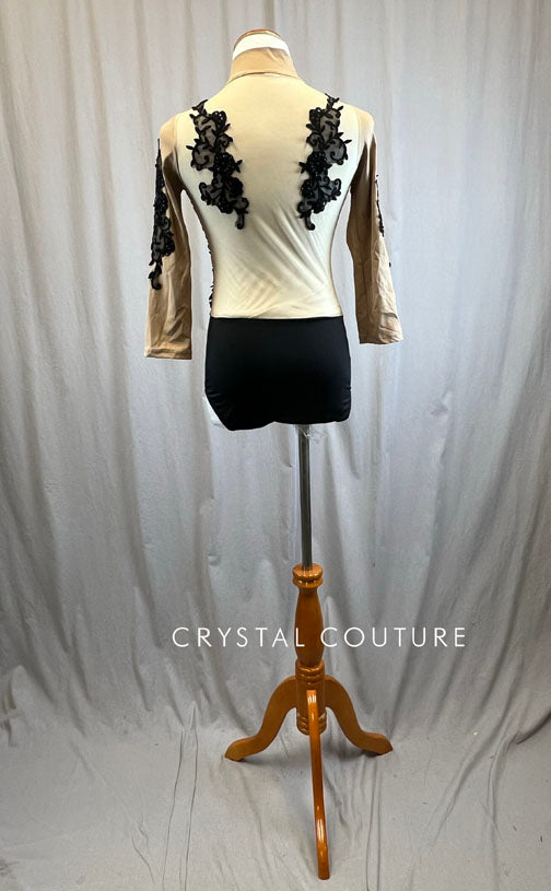 Custom Nude Mock Neck Front Zip Leotard with Black Appliques