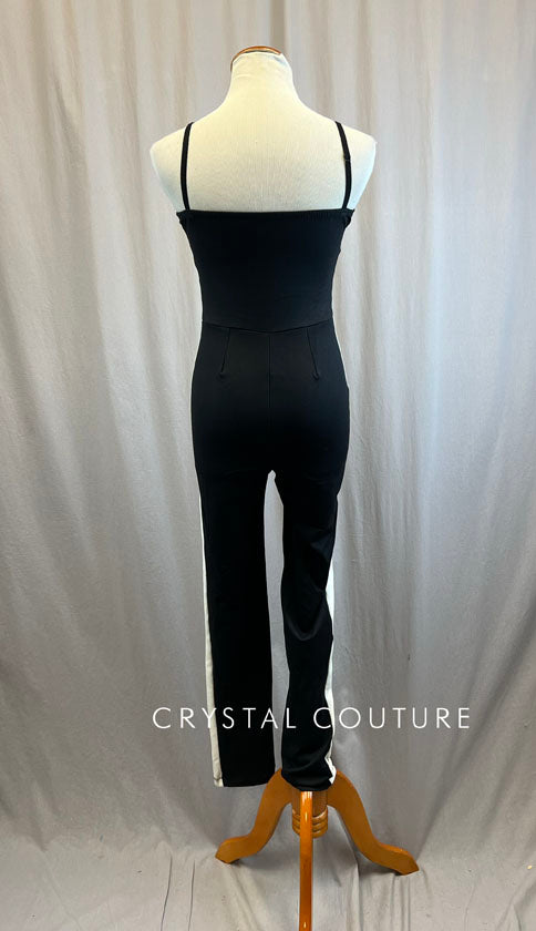Black and White Lycra Unitard with Black Spaghetti Straps -Rhinestones