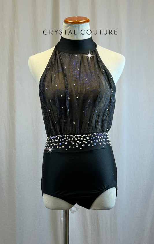 Custom Black and Purple Shimmer Mock Neck Leotard -Rhinestones