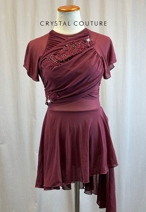 Custom Maroon Flutter Sleeve Lyrical Dress -Rhinestones, Appliques