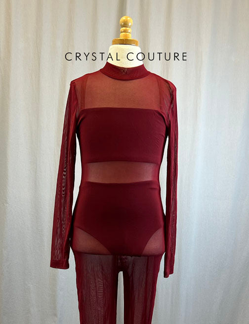 Maroon Mesh Bodysuit with Black Bra Top and Brief