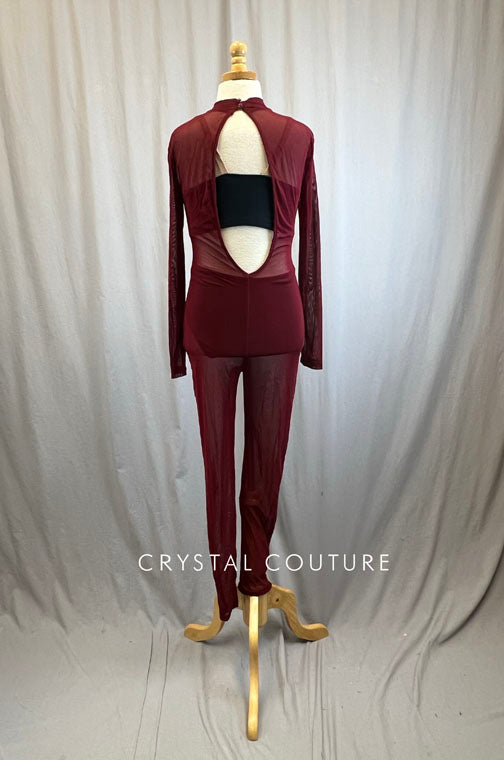 Maroon Mesh Bodysuit with Black Bra Top and Brief