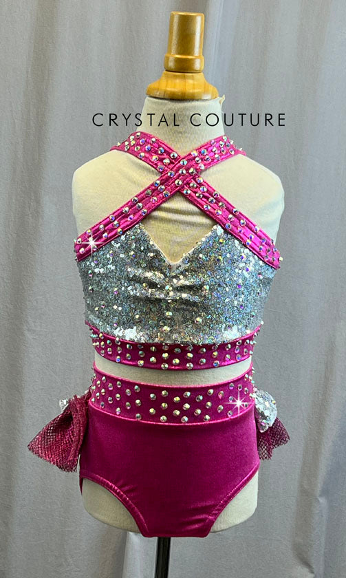 Metallic Hot Pink and Silver Zsa Zsa Set with Metallic Pink Netting Skirt -Rhinestones and hair piece