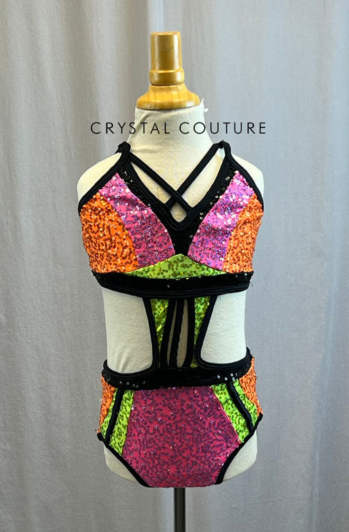 Black/Pink/Orange/Green Zsa Zsa Color Block Strappy Leotard with Cutouts