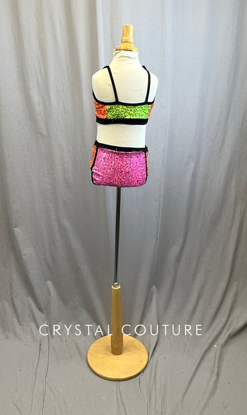 Black/Pink/Orange/Green Zsa Zsa Color Block Strappy Leotard with Cutouts