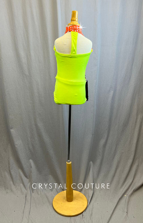 Neon Orange and Yellow Mock Neck Leotard with Black Fringe Accent -Rhinestones