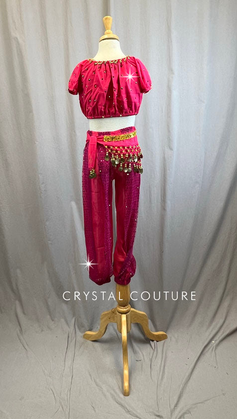 Fuchsia Genie Costume with Coin Belly Dance Hip Scarf -Rhinestones and Accessories