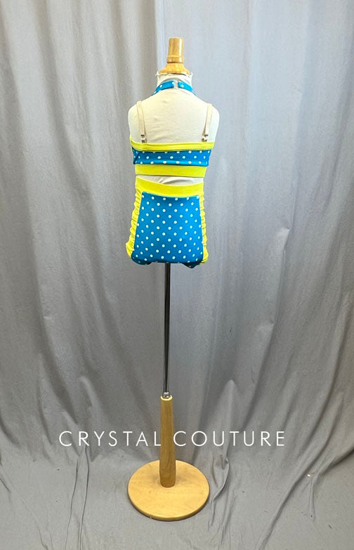 Blue, Yellow, and White Daisy and Polka Dot Two Piece with Ruffled Trunks -Hairpiece