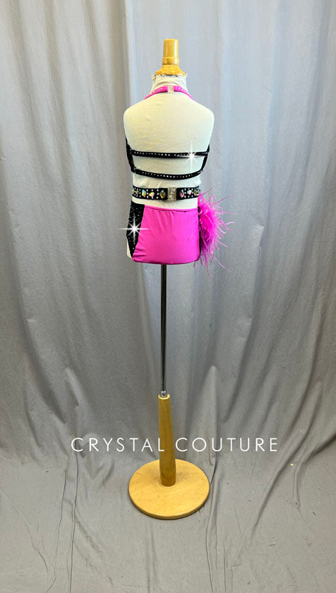 Hot Pink and Black Cutout Leotard with Feather Bustle -Rhinestones and Accessories