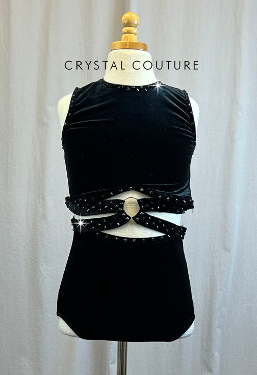 Black Velvet Cut Out Leotard With Center Accent Ring -Rhinestones