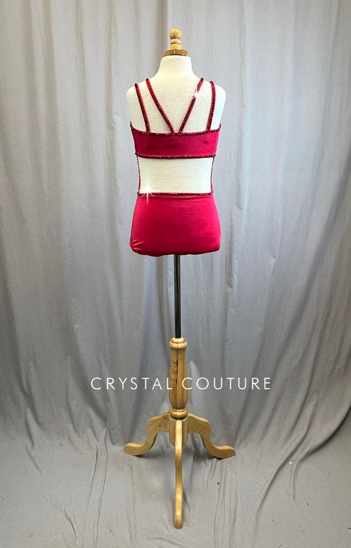 Red Strappy Cut Out Leotard -Rhinestones