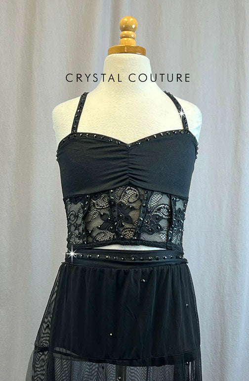 Black Lace Corset Style Top with Mesh Pants Set -Rhinestones