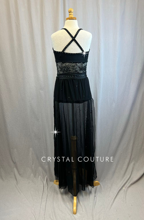 Black Lace Corset Style Top with Mesh Pants Set -Rhinestones