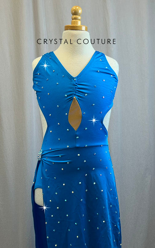 Deep Turquoise Sweetheart Fitted Asymmetrical Dress with High Slit -Rhinestones