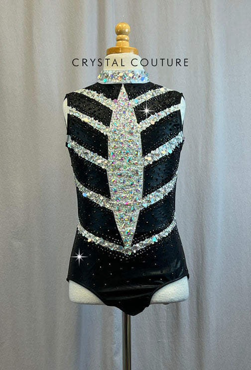 Metallic Black and Silver Stripe Mock Neck Leotard -Rhinestones