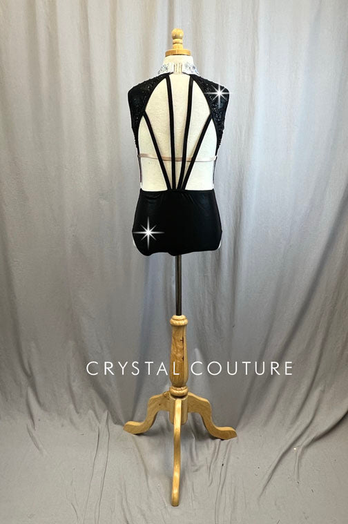 Metallic Black and Silver Stripe Mock Neck Leotard -Rhinestones