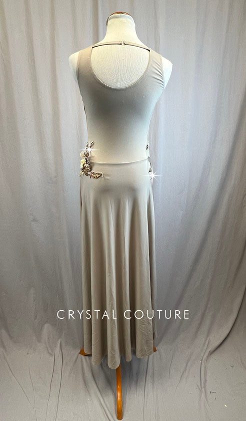 Tan Dress with Brown and Cream Floral Appliques - Rhinestones