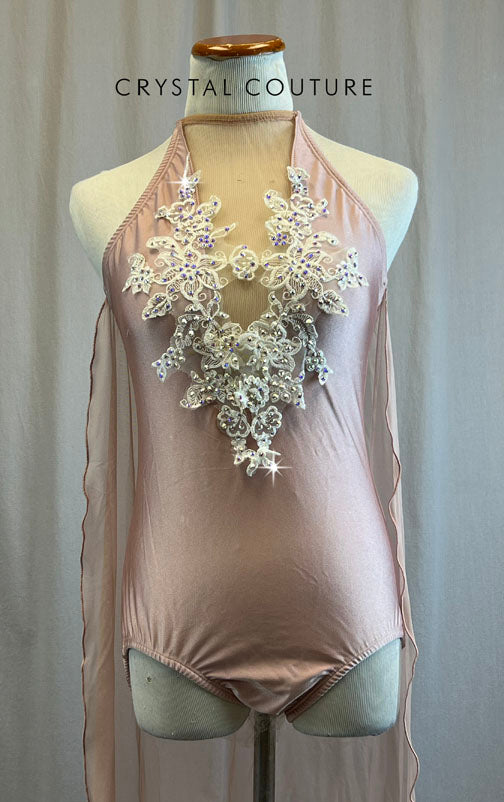 Custom Dusty Rose Leotard with Mesh Cape -Rhinestones, Appliques