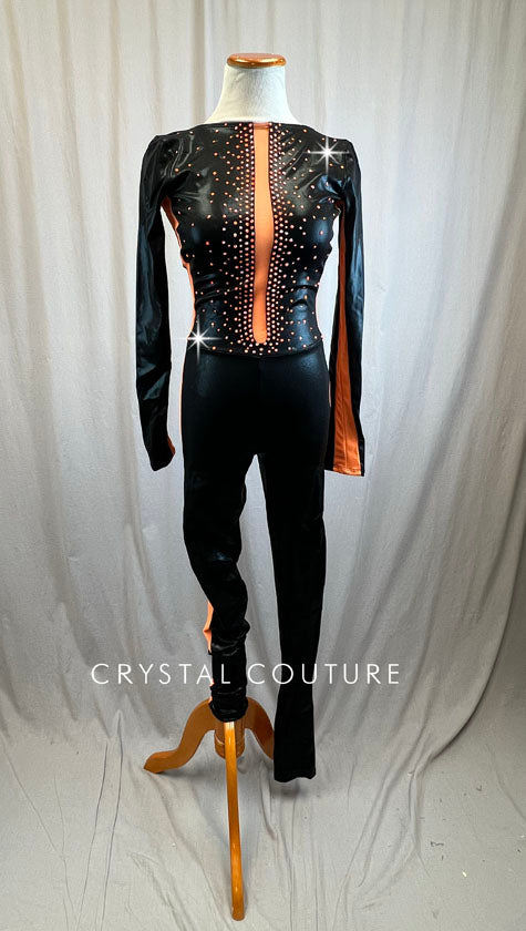 Long Sleeve Metallic Black and Neon Orange Unitard -Rhinestones