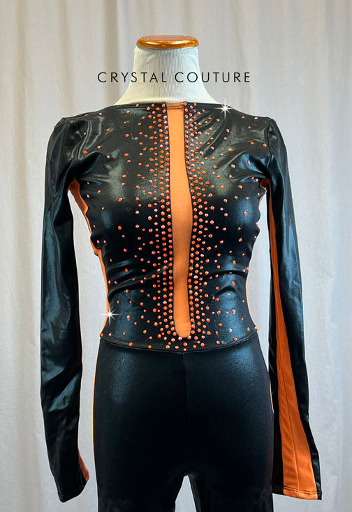 Long Sleeve Metallic Black and Neon Orange Unitard -Rhinestones
