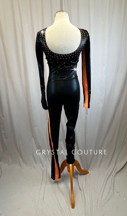 Long Sleeve Metallic Black and Neon Orange Unitard -Rhinestones