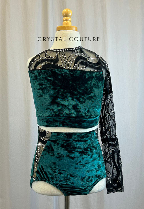 Dark Evergreen Velvet Set With Black Mesh Single Sleeve -Rhinestones, Hairpiece