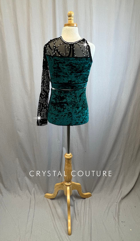 Dark Evergreen Velvet Set With Black Mesh Single Sleeve -Rhinestones, Hairpiece
