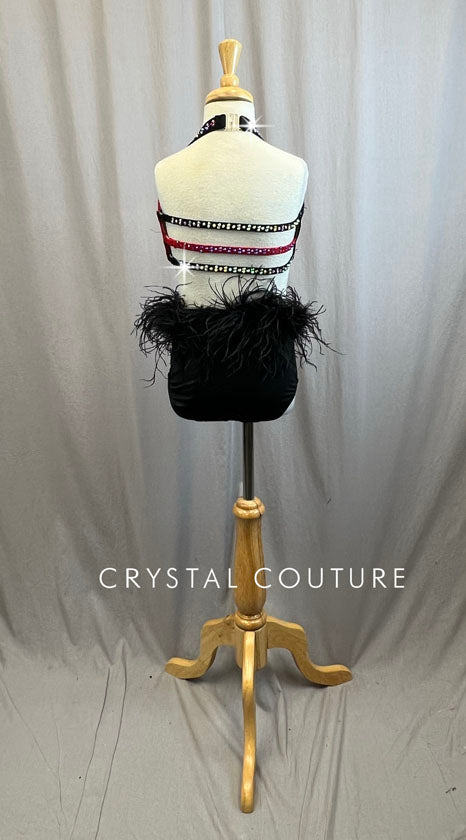 Metallic Red and Black Bra and Brief Set -Rhinestones, Feathers, Beaded Fringe
