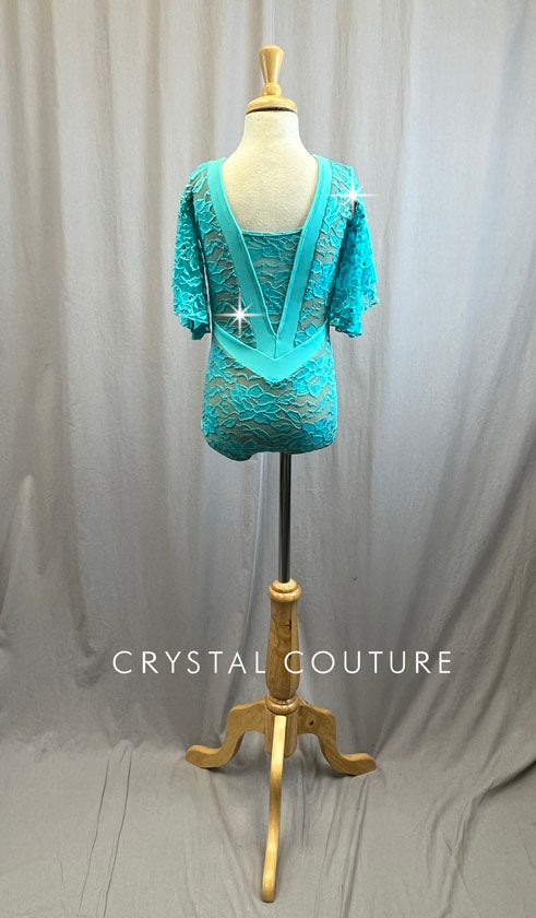 Nude and Teal Lace Leotard with Flutter Sleeves -Rhinestones, Hairpiece