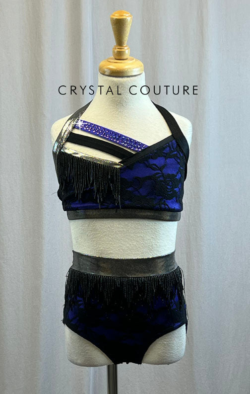 Purple and Black Lace and Beading Crop Top and Brief Set -Rhinestones