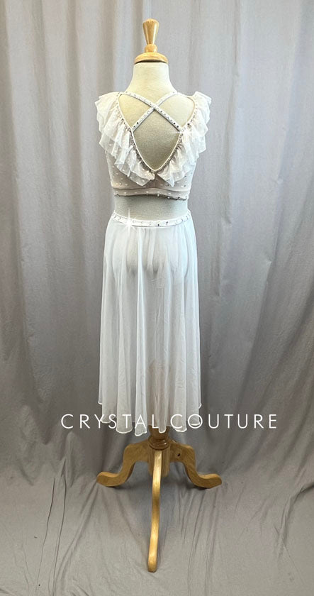 White and Nude Polka Dot Mesh Skirt Set -Rhinestones