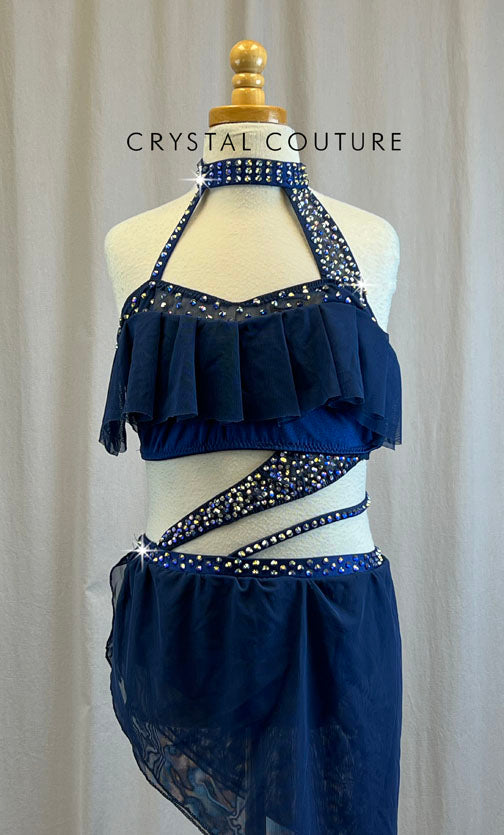 Custom Navy Ruffle Mesh Strappy Cut Out Dress -Rhinestones, Hairpiece