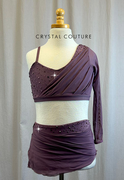 Custom Mauve Mesh Single Long Sleeve Skirt Set -Rhinestones