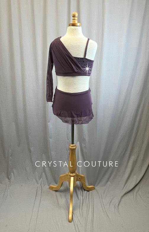 Custom Mauve Mesh Single Long Sleeve Skirt Set -Rhinestones