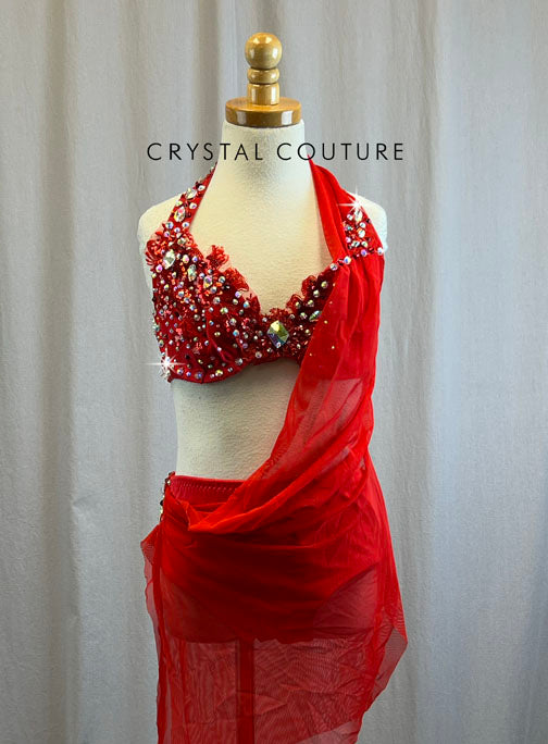 Custom Red Bra Top and Briefs with Flowing Mesh -Rhinestones, Appliques, Hairpiece