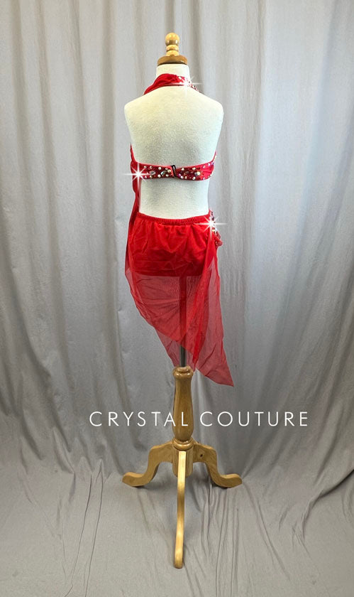 Custom Red Bra Top and Briefs with Flowing Mesh -Rhinestones, Appliques, Hairpiece