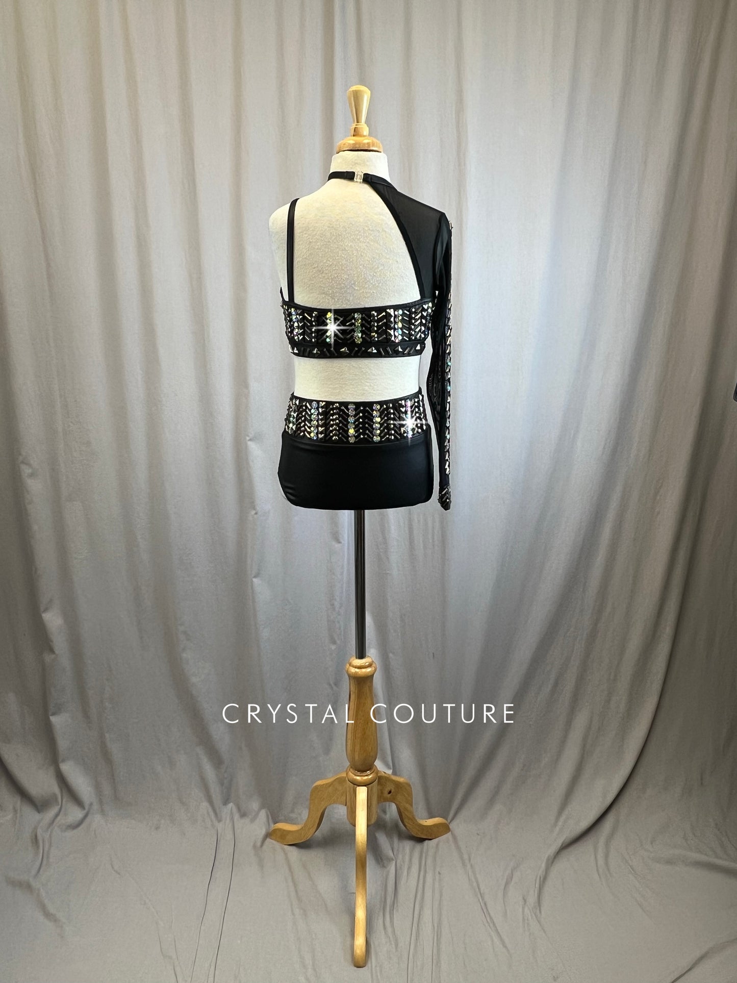 Black Faux Leather Strappy Studded Top and Brief Set. -Rhinestones, Metal Studs